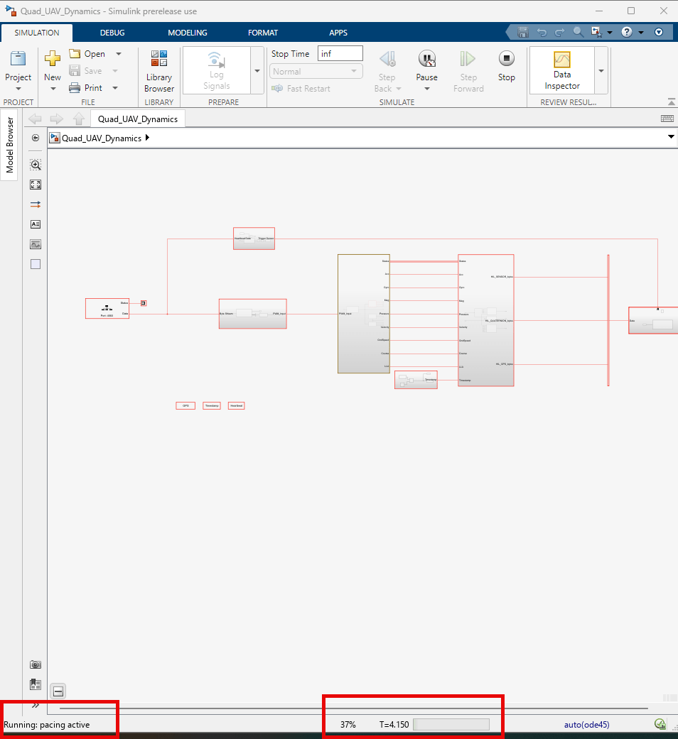 Status bar of Quad_UAV_Dynamics model showing "Running: pacing active" and progress bar, indicating that the model is running