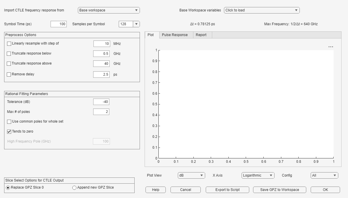 Figure CTLE Fitter App contains 2 axes objects and other objects of type uibutton, uidropdown, uilabel, uipanel, uitabgroup, uinumericeditfield, uibuttongroup. Axes object 1 is empty. Axes object 2 is empty.