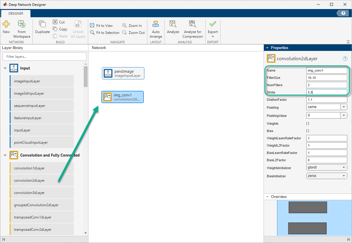Deep Network Designer with img_conv1 convolution2dLayer connected to pendImage and its properties