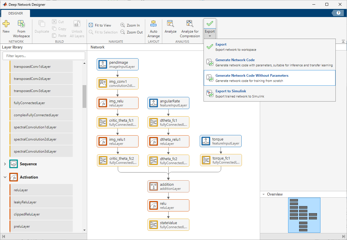 Export menu in Deep Network Designer showing options to export network or generate code
