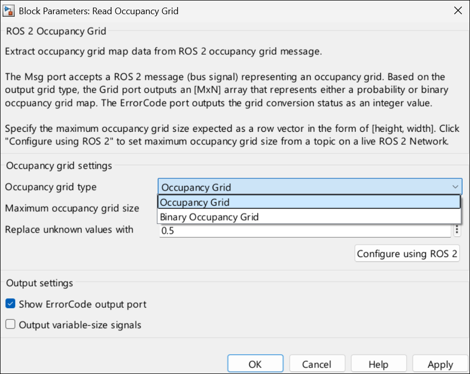Setiing ROS 2 Read Occupancy Grid block parameter to Occupancy Grid