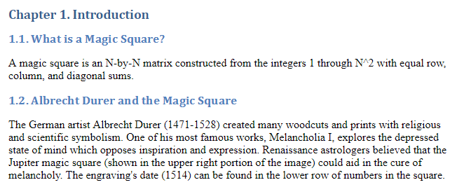 Chapter one with two sections, "What is a Magic Square" and "Albrecht Durer and the Magic Square".