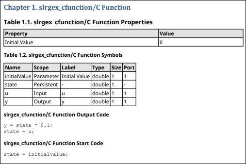 Snippet of report showing Chapter 1 that contains the properties, symbols, output code, and start code of the C Function block in the slrgex_cfunction model.