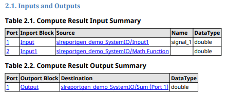 Snippet of report containing the Inputs and Outputs summary for the Compute Result block.