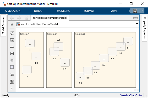 Simulink window with the sortToptoBottomDemoMdel open.