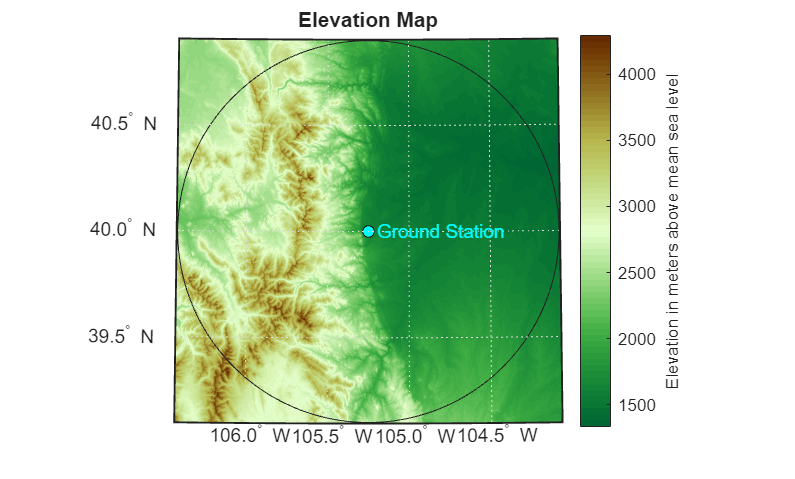 Figure contains an axes object. The hidden axes object with title Elevation Map contains 14 objects of type patch, surface, line, text. One or more of the lines displays its values using only markers