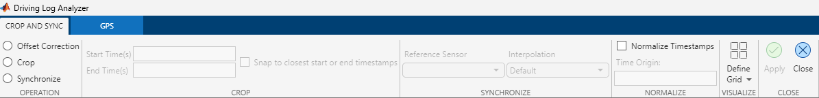 Crop and Sync options for preprocessing sensor data objects in the Driving Log Analyzer app.