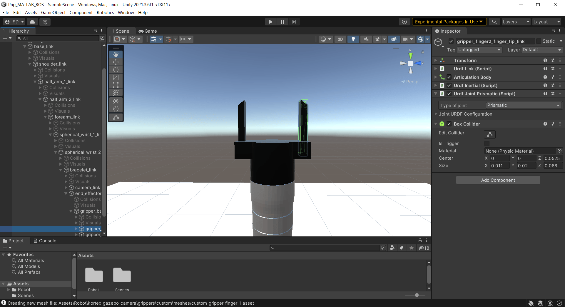 Screenshot of adding collision boxes to the gripper fingers of the robot model in Unity