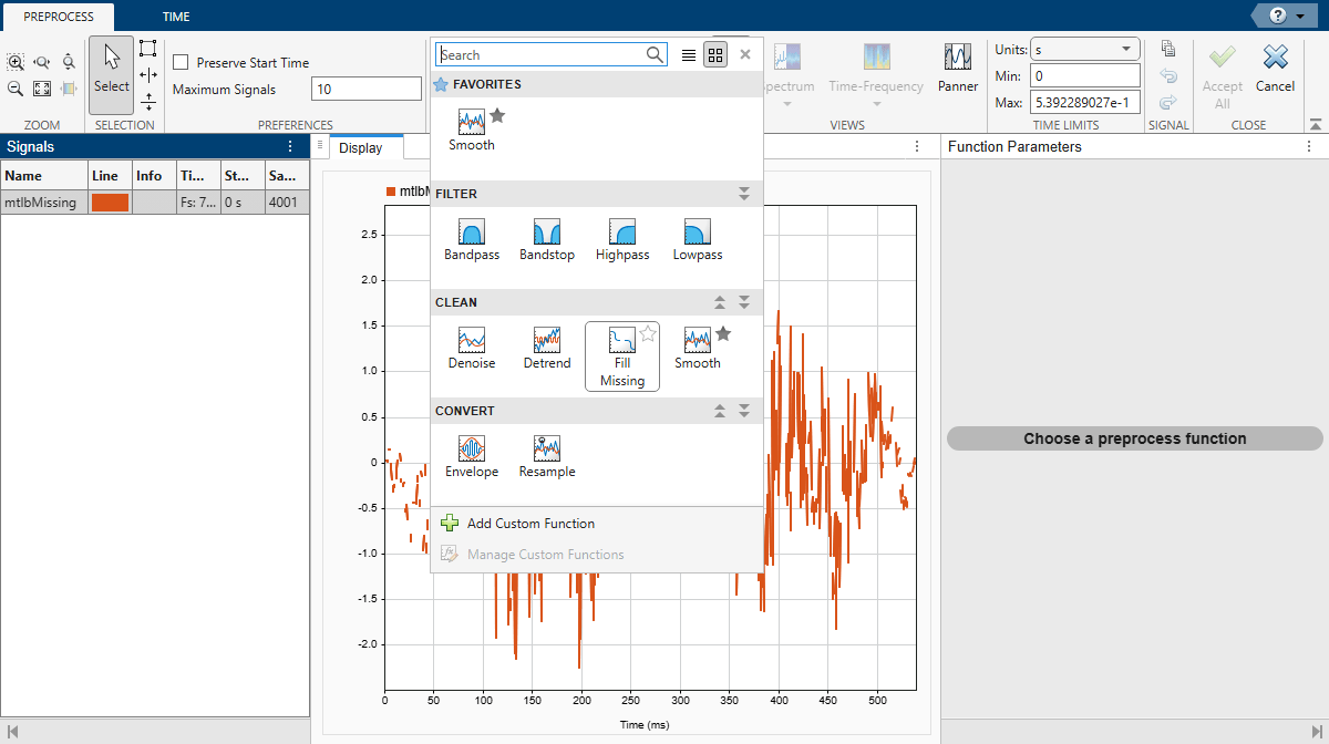 Signal Analyzer app, showing the Search bar in the Preprocess strip. Clicking the Search bar shows a variety of preprocessing options. The "Fill Missing" option is selected.