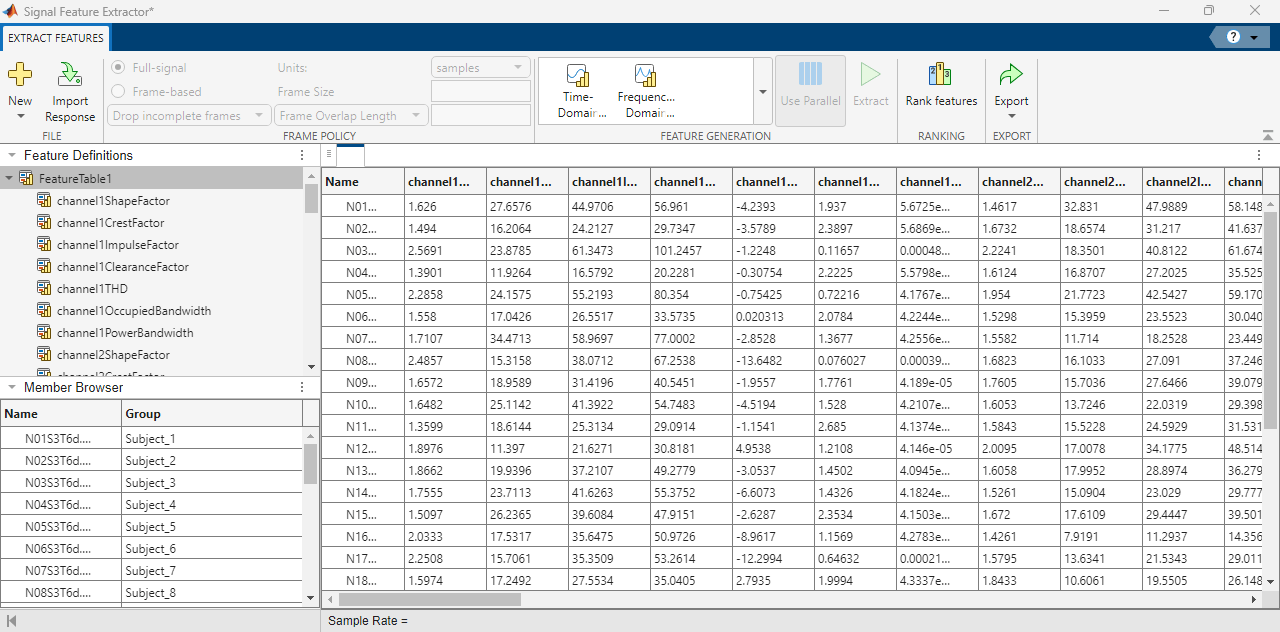Signal Feature Extractor showing a table of 56 features in columns distributed across eight channels and seven features per channel. Each row represents a subject.