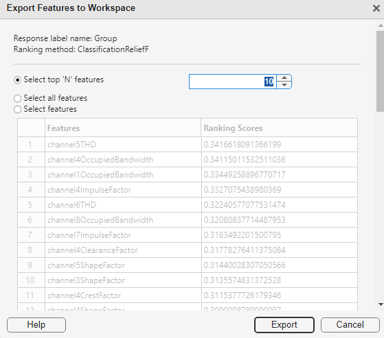 Export Features to Workspace dialog