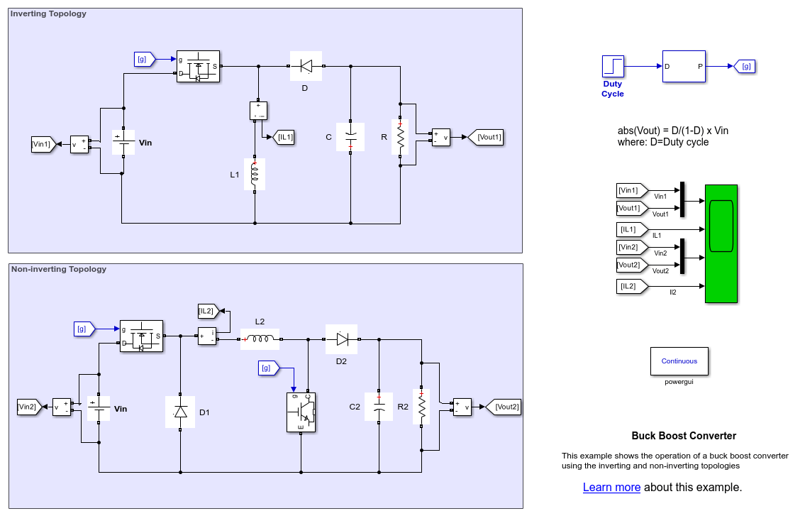 https://au.mathworks.com/help/examples/simscapeelectricalsps/win64/BuckBoostConverterExample_01.png