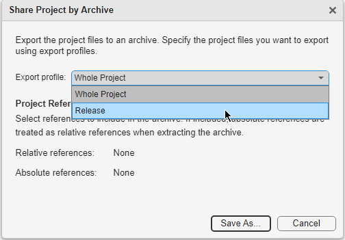 Share Project by Archive dialog box shows the available export profiles with the Save As and Cancel buttons.