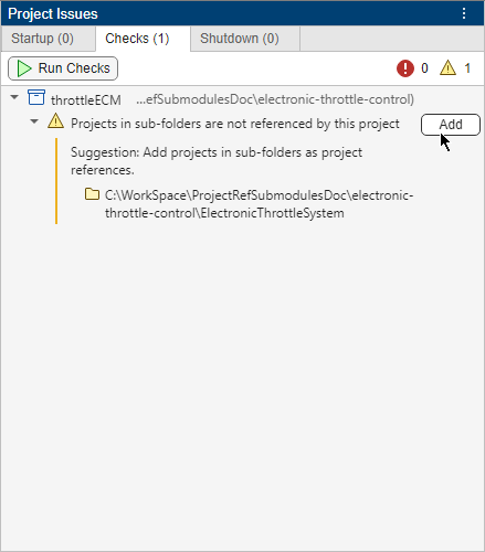 The Checks tab in the Project Issues panel flags that the submodule project is not a referenced project.