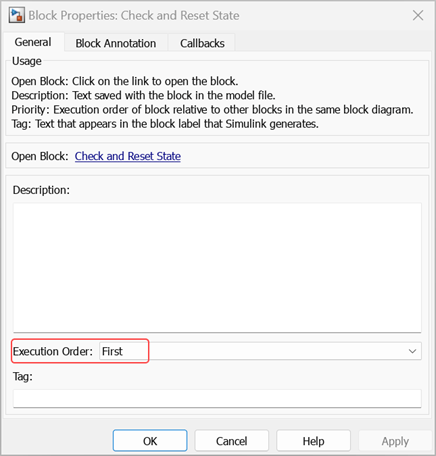 Block Properties dialog box for the Check and Reset State subsystem.