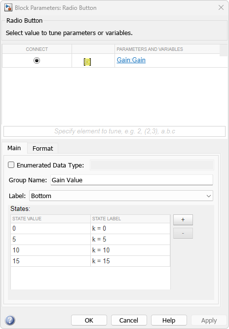 The Block Parameters dialog box for the Radio Button block