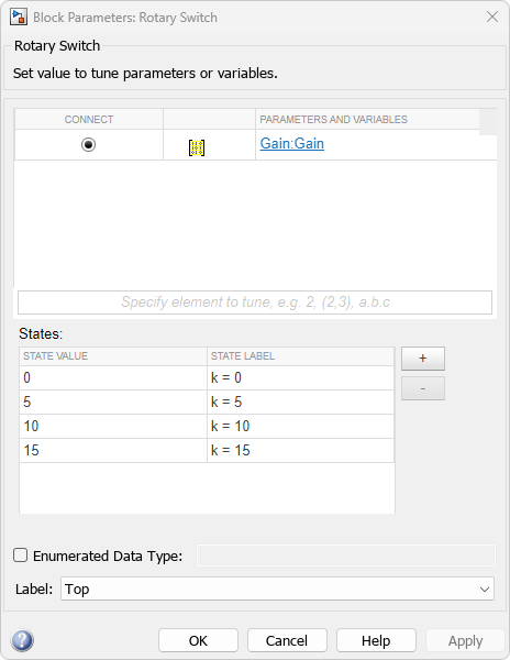 The Block Parameters dialog box for the Rotary Switch block