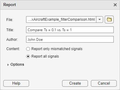 The Report dialog box for a comparison report