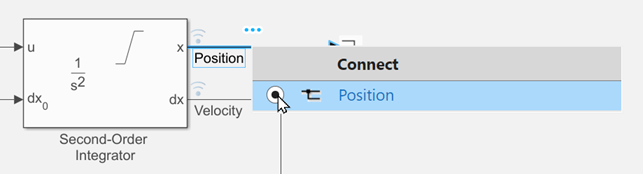 Connection options in Simulink for the Position signal. The Position button is selected.
