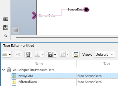 The NoisyData value type is selected in the Type Editor, and the SensorData port and corresponding block are highlighted in the Component Interface View.