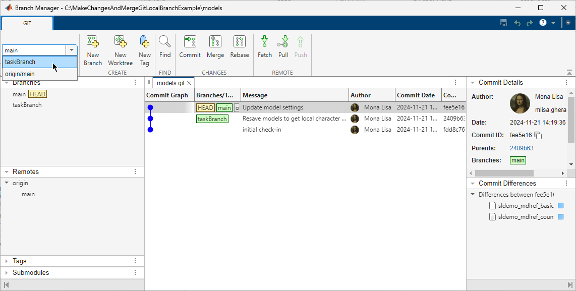 Branch Manager with the toolstrip on top, the commit graph in the middle, and detail panes on the left and right. In the toolstrip, the mouse points to the taskBranch option in the Current Branch section.