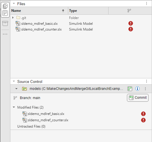 Files and Source Control panels grouped together. Files panel on top shows 2 conflicted model files.
