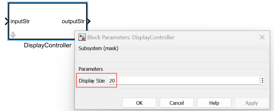 The DisplayController block Display Size parameter is set to 20.