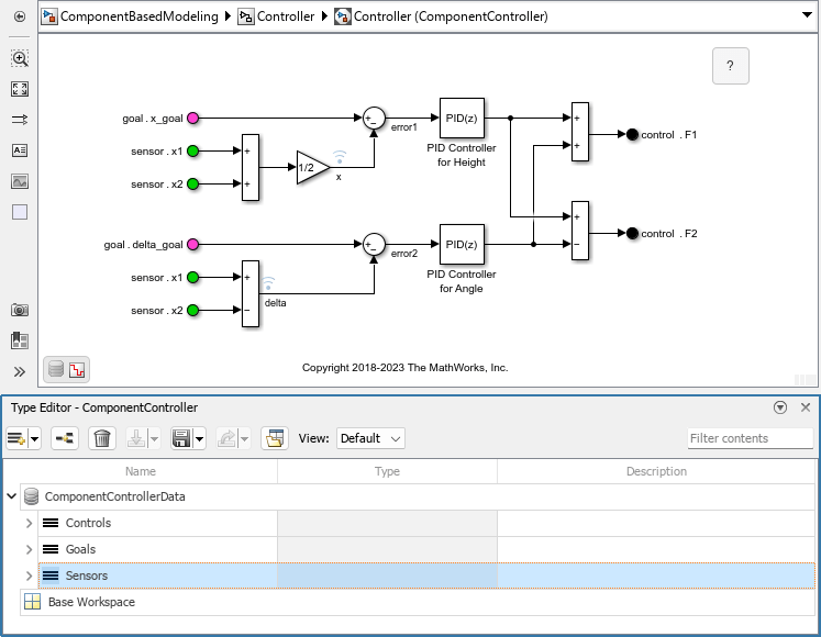 In the Type Editor, Sensors is selected. In the block diagram, nothing is highlighted.