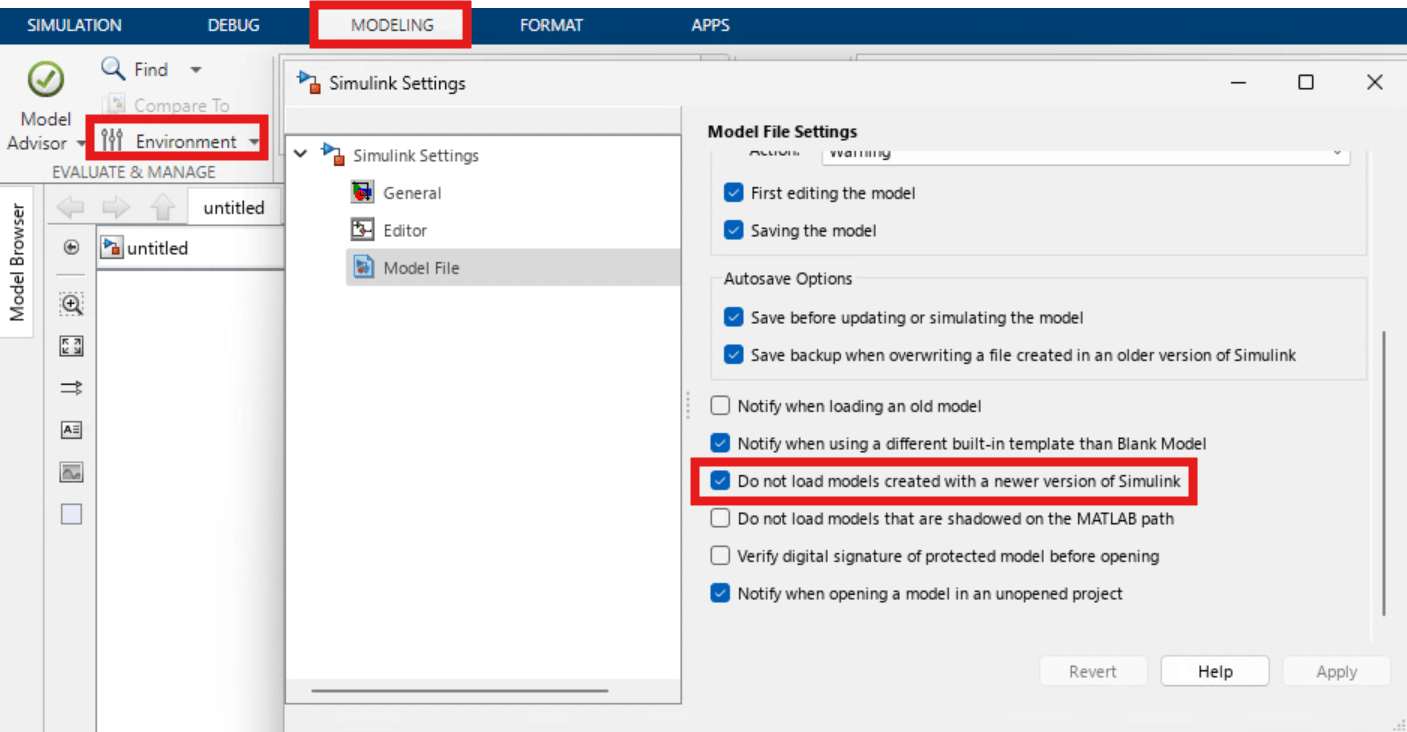 Simulink Settings window displaying the Modeling tab and the Model File Settings, highlighting the ‘Do not load models created with a newer version of Simulink’ option.