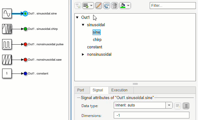 GIF that demonstrates Property Inspector actions for an output bus element port