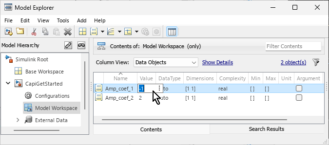 Model Explorer window. The value of Amp_coef_2 is 2, and the value of Amp_coef_1 is being set to -1.