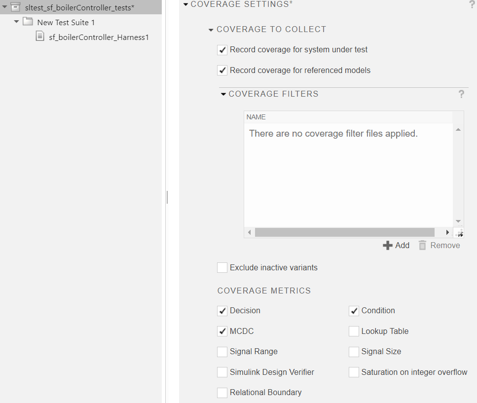 Coverage section with Decision, condition, and mcdc selected