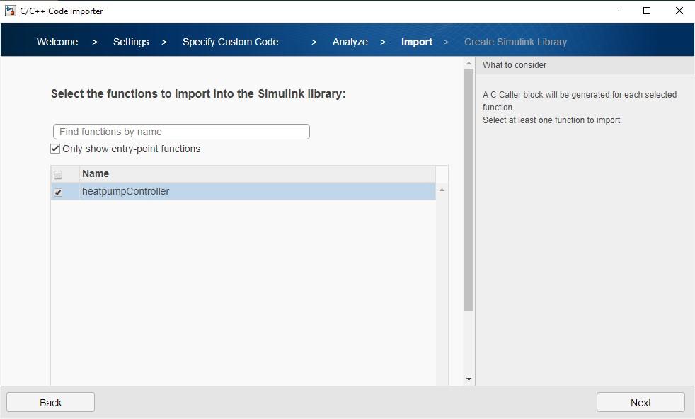 Custom code importer wizard tab to select functions to import