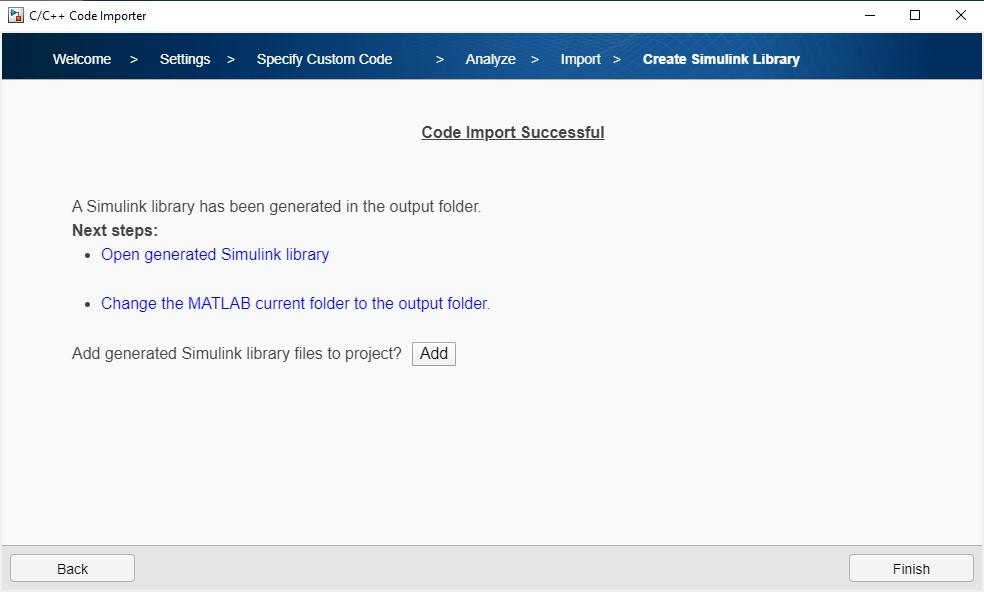 Custom code importer wizard tab showing that code import was successful