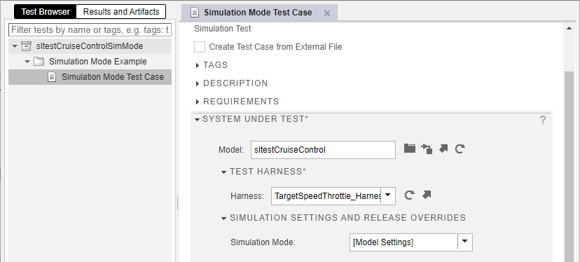 Image of the test case in the Simulink Test Manager.