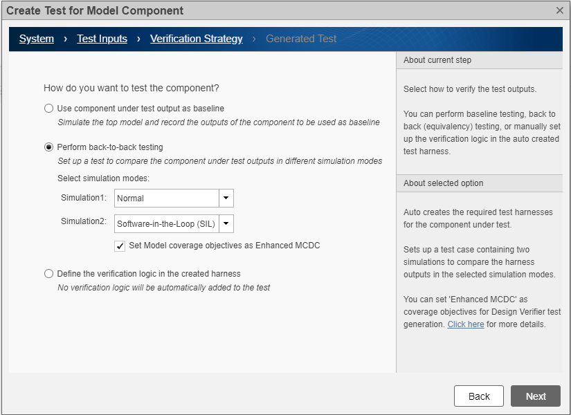 Create test for model component wizard with back-to-back testing selected