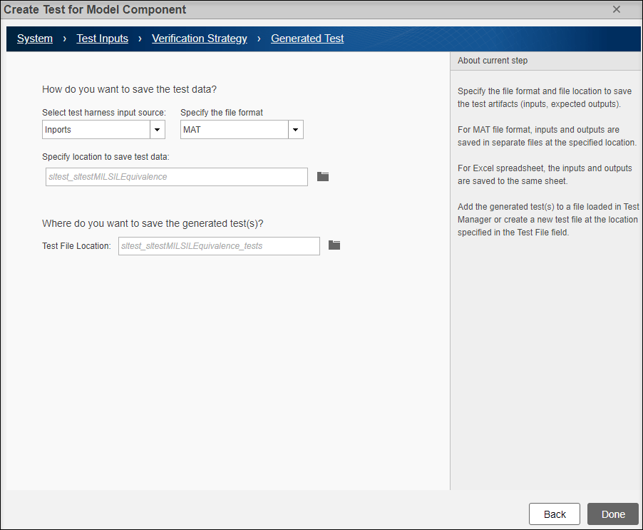 Create test for model component wizard with Inports as the test harness input source, MAT as the file format, and the default locations to save the test data and generated test.