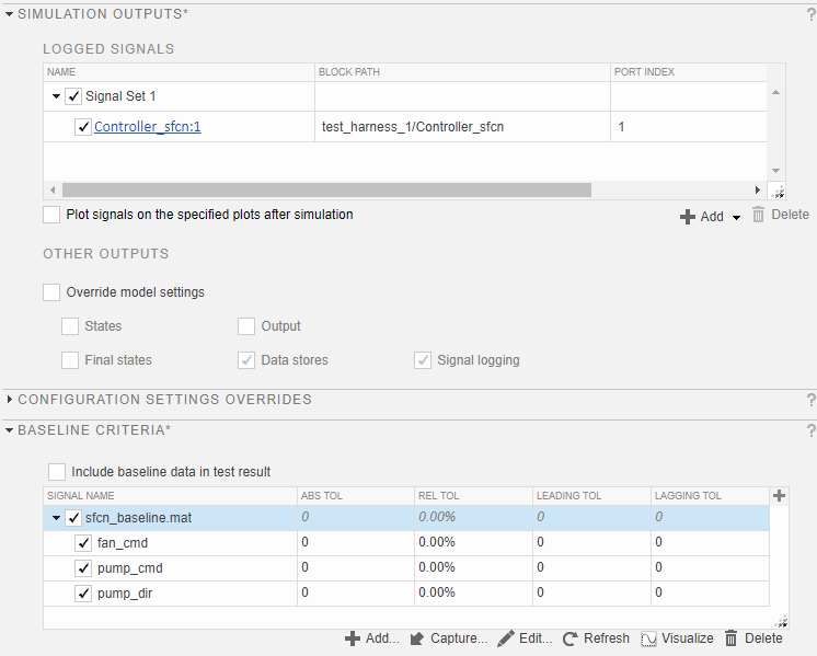 Logged signals and baseline criteria tables