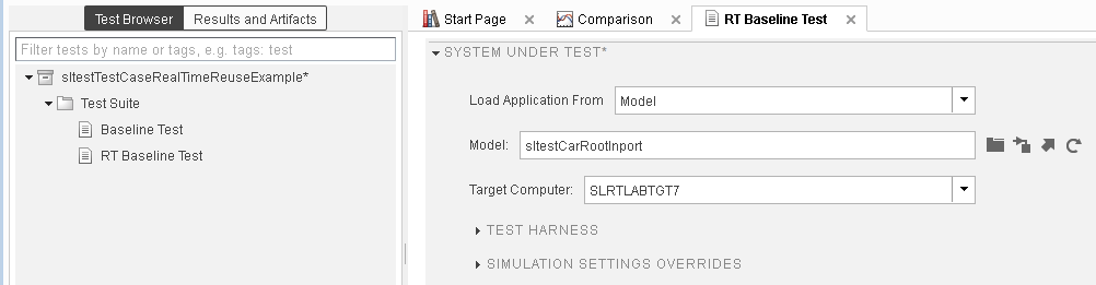 Test Manager system under test setup for loading application, model name, and target computer