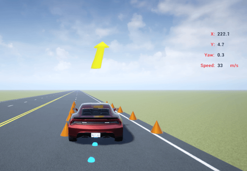 3D environment with vehicle, its trajectory, arrow showing steering direction, and text labels X, Y, Yaw , and Speed with the real time values.