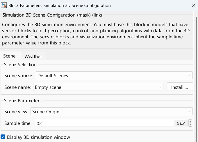 Parameters of Simulation 3D Scene Configuration block.