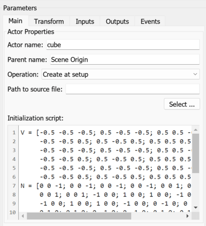 The block parameter dialog box of the Simulation 3D Actor block named cube shows parameters and the initialization script