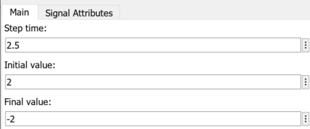 The block parameter dialog box of step block shows step time, initial and final values.