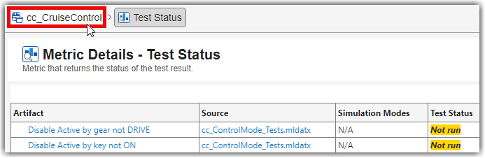 Metric Details table with cursor clicking cc_CruiseControl in the breadcrumb trail to return to the main dashboard