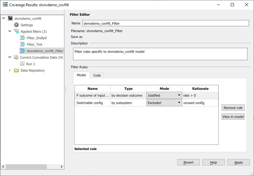 The Filter Editor pane displays the filter slvnvdemo_covfilt_Filter, which includes the exclusion rule for the switchable config subsystem, and the justification rule for the False outcome of the Saturation block decision input > lower limit