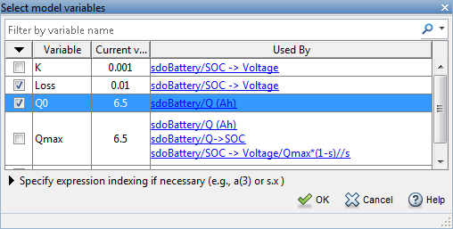 Select model variables dialog box with variables Loss and Q0 selected