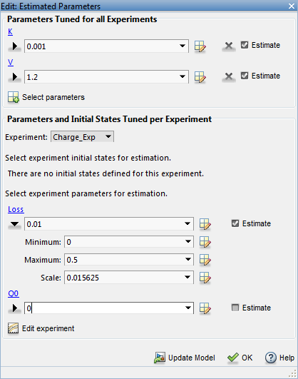 Under Parameters and Initial States Tuned per Experiment in the Edit: Estimated Parameters dialog box, Charge_Exp is selected as the Experiment. Minimum and maximum values of Loss are specified. Estimate box against Q0 parameter is unchecked.