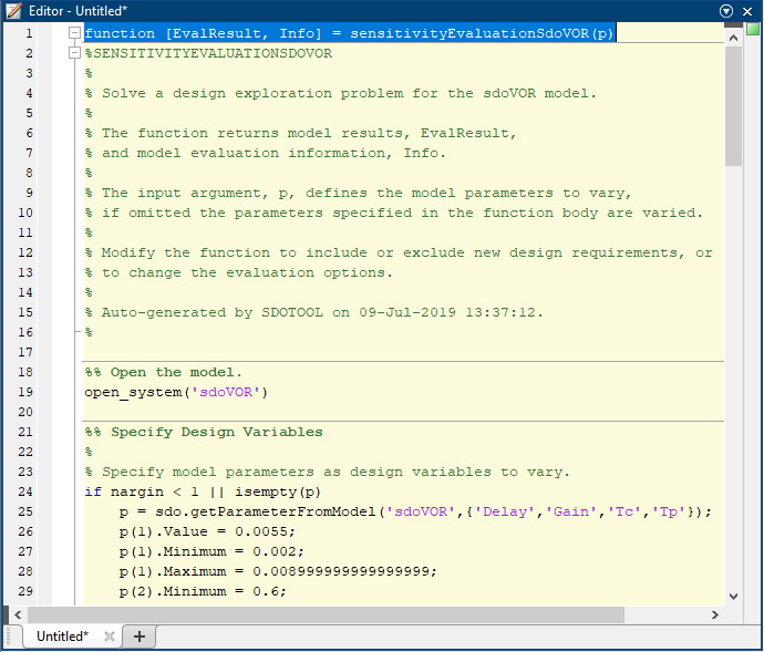 The editor showing the generated MATLAB function