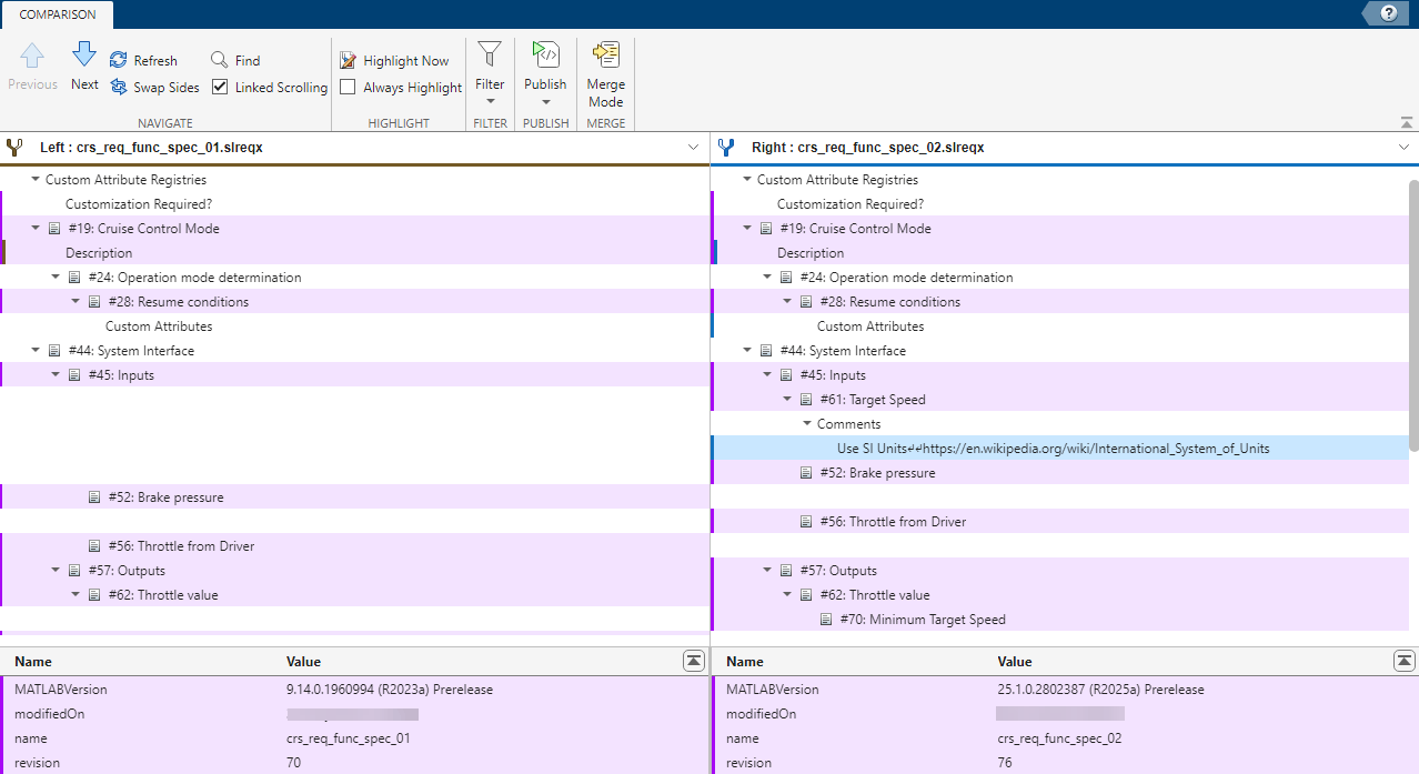 Comparison tool with showing the comparison of two requirements set.