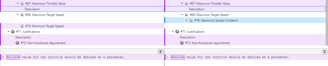 Comparison Tool showing the description changes in two requirements set.
